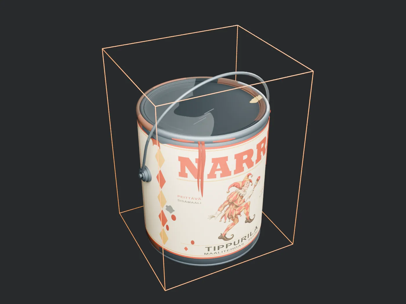 Maalipurkki, jossa on kermanvärinen etiketti, punainen NARRI-logo ja narrihahmo, oranssin valintalaatikon sisällä