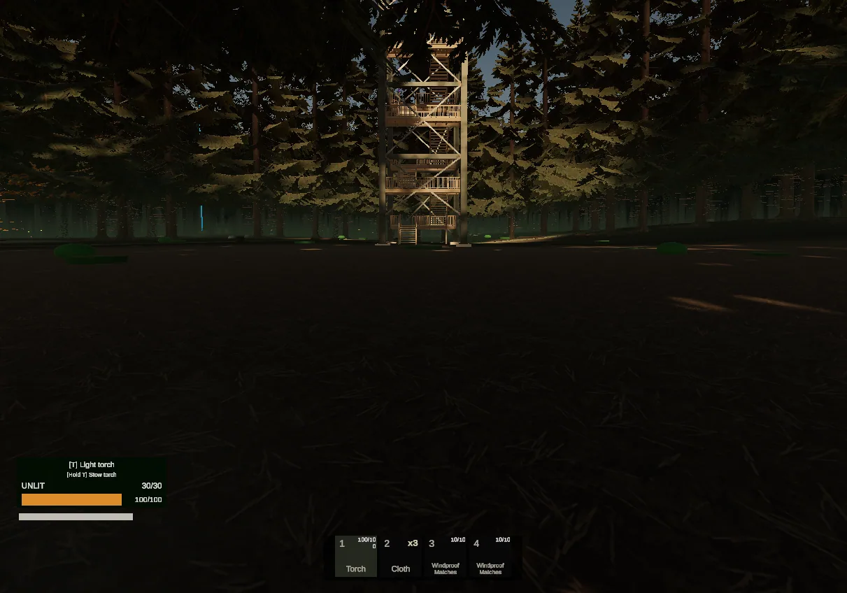A wooden observation tower standing in sunlight in a forest clearing